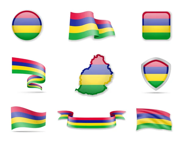 Mauritius flags collection. Vector illustration set flags and outline of the country. — Stock Vector