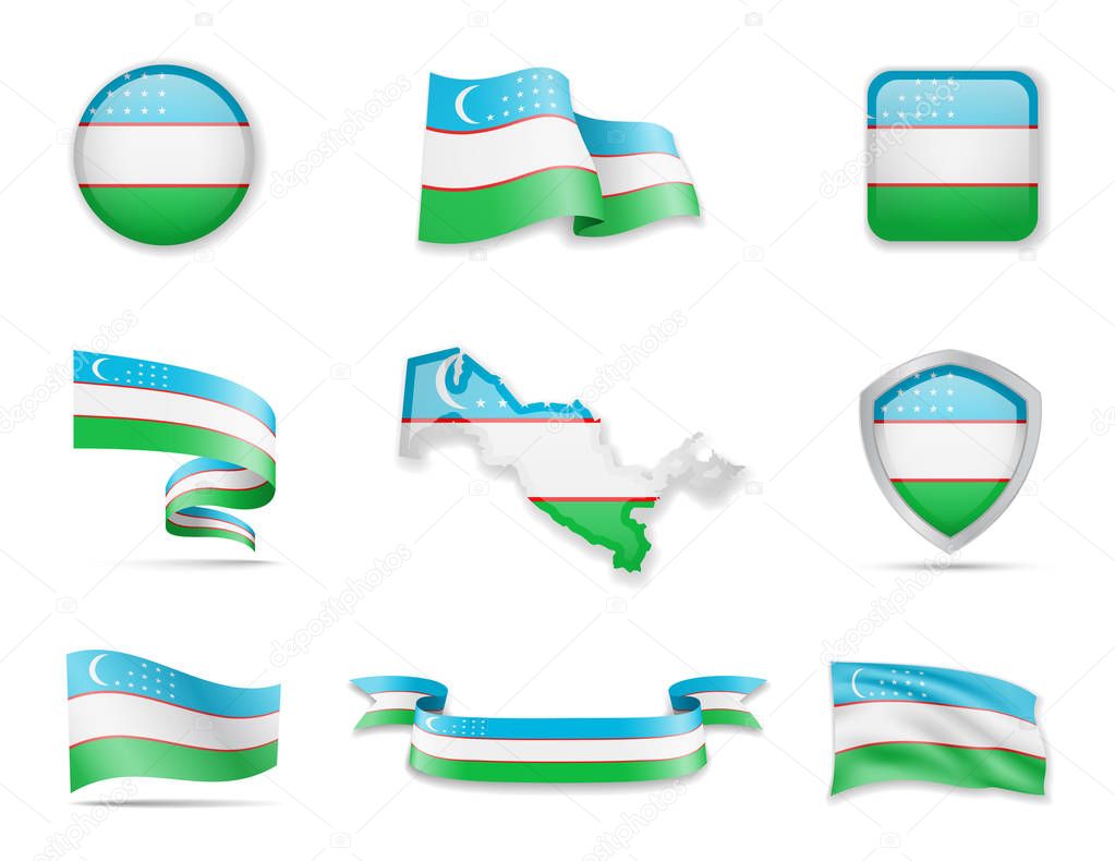 Uzbekistan flags collection. Vector illustration set flags and outline of the country.