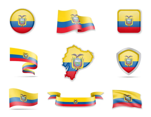 Ecuador vlaggen collectie. Vector illustratie set vlaggen en omtrek van het land. — Stockvector