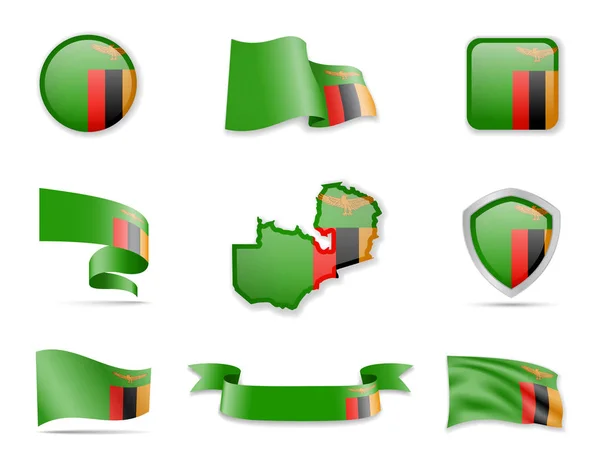 Sbírka vlajek Zambie. Vektorové ilustrace nastavené vlajky a obrys země. — Stockový vektor