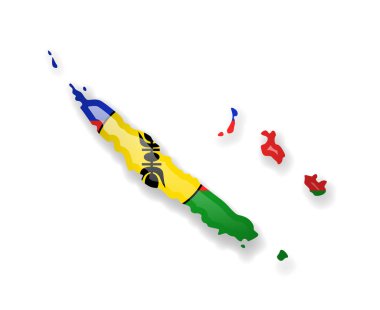 Yeni Kaledonya bayrağı ve beyaz arka plan üzerinde ülkenin anahat.