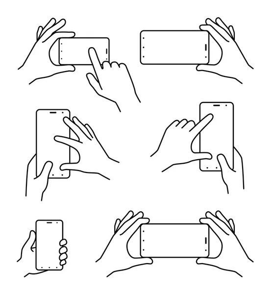 Mano sosteniendo smartphone. vector negro y blanco colección de teléfonos inteligentes en la mano — Archivo Imágenes Vectoriales