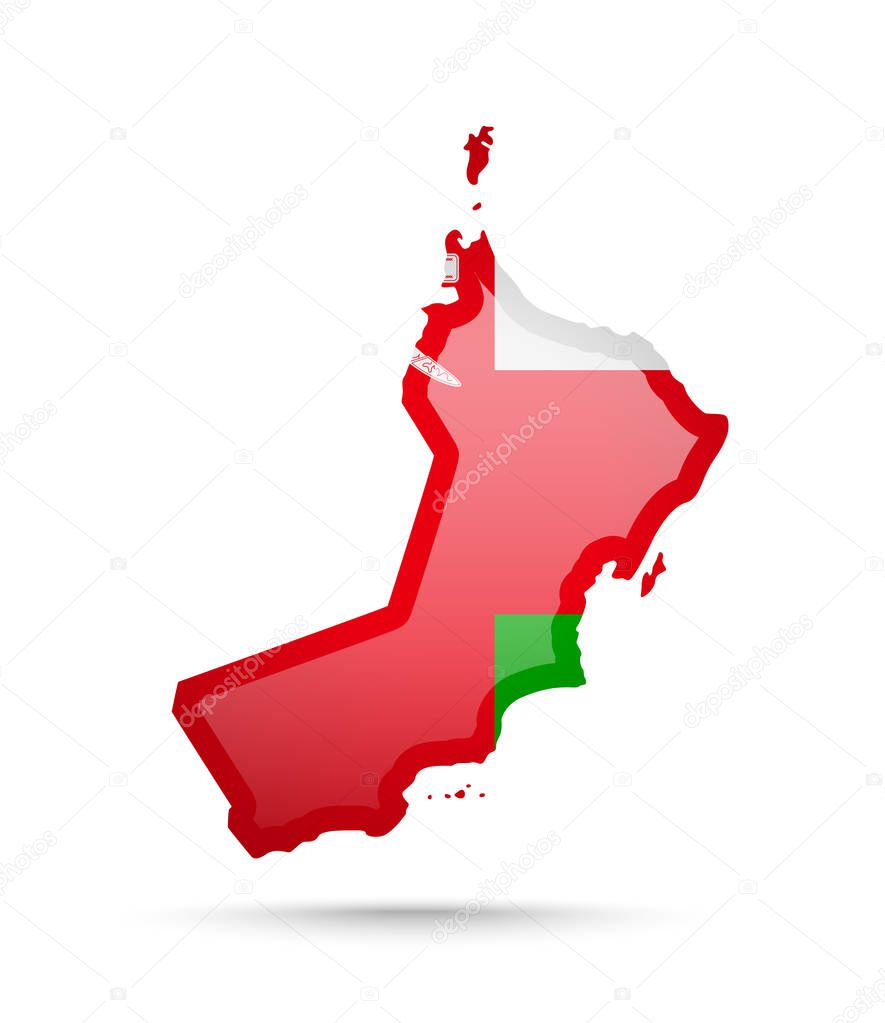 Oman flag and outline of the country on a white background.