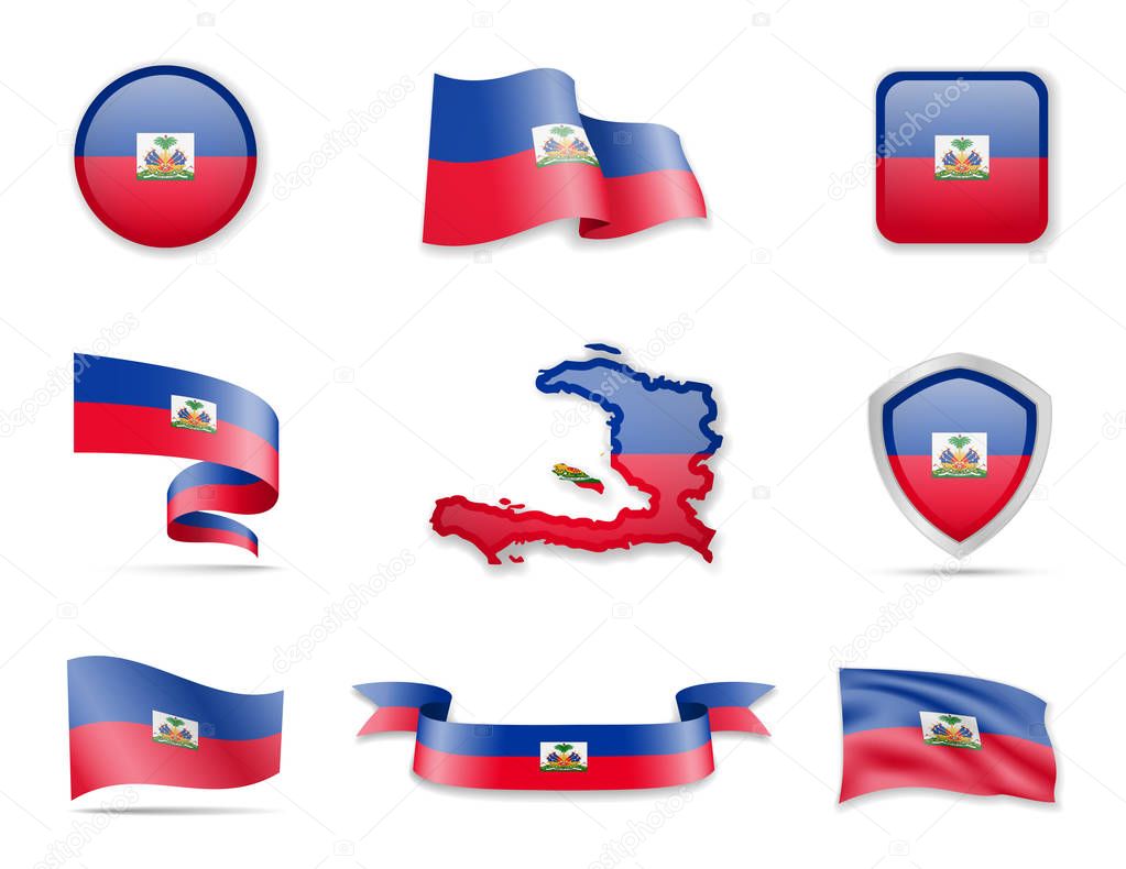 Haiti flags collection. Flags and outline of the country vector illustration set