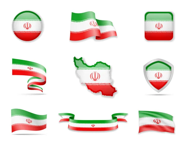 Íránská sbírka příznaků. Vektorová a obrysová vlajka a obrys země. — Stockový vektor