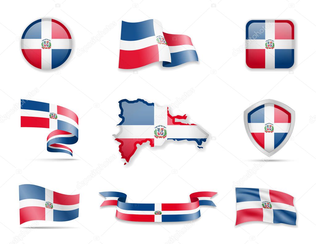 Dominican Republic flags collection. Vector illustration set flags and outline of the country.