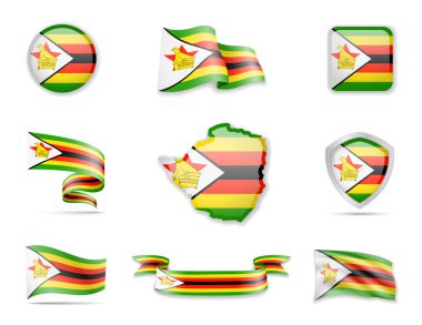 Zimbabwe bayrak koleksiyonu. Vektör illüstrasyonu ülkenin bayraklarını ve ana hatlarını belirledi.