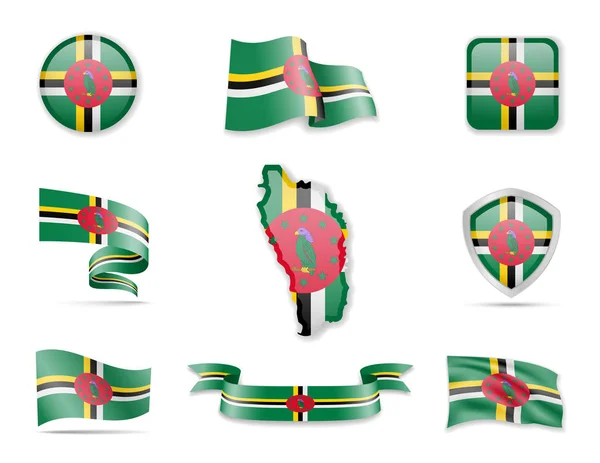 Dominica flags collection. Vector illustration set flags and outline of the country. — Stock Vector