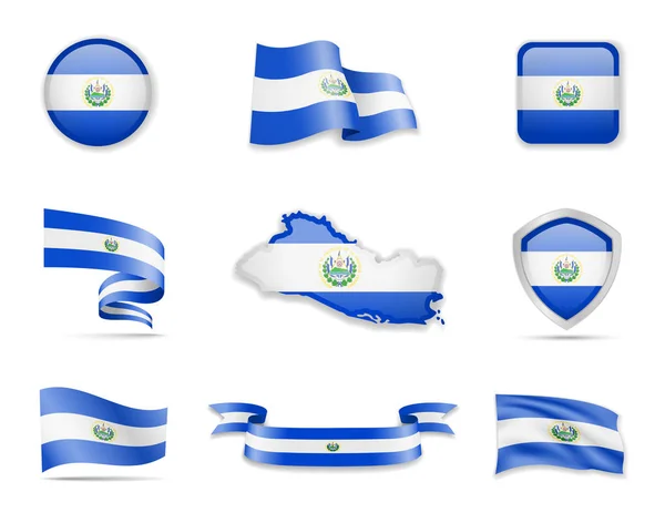 Colección banderas de El Salvador. Ilustración vectorial establecer banderas y contorno del país . — Archivo Imágenes Vectoriales