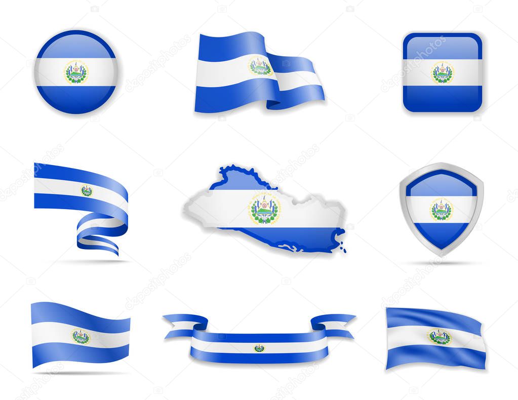 El Salvador flags collection. Flags and outline of the country vector illustration set