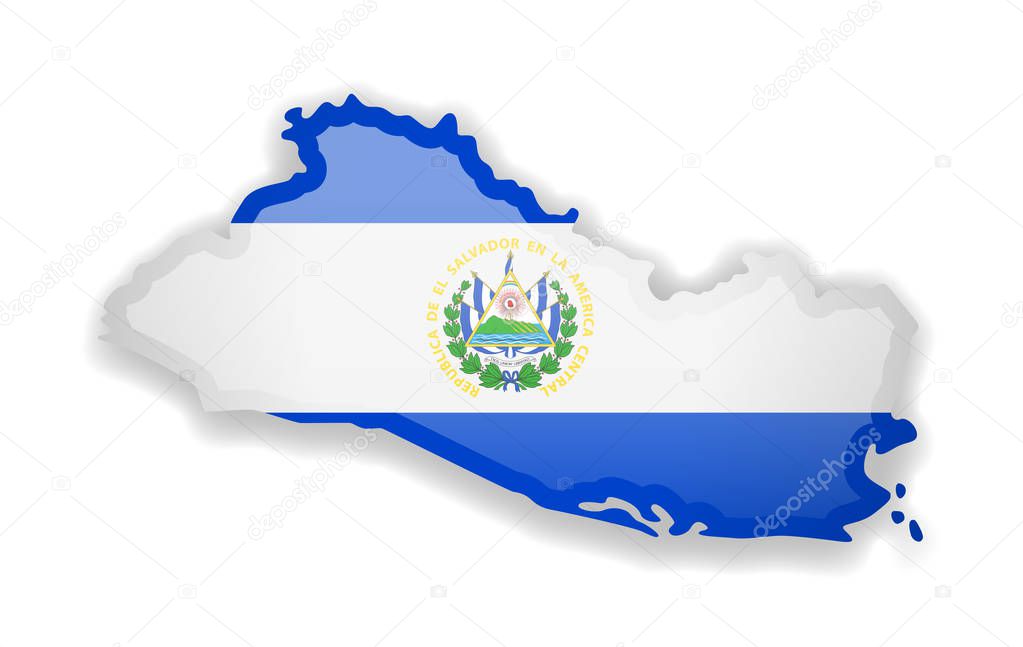 El Salvador flag and outline of the country on a white background.