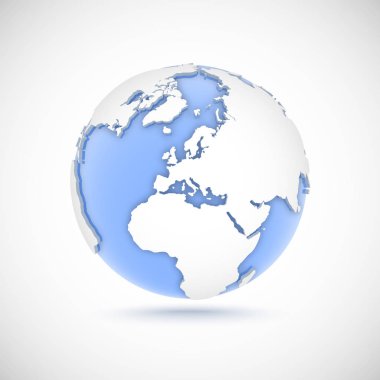Beyaz ve mavi renklerde hacimsel küre. Kıtalar Amerika, Avrupa, Afrika, Asya ile 3d vektör illüstrasyon