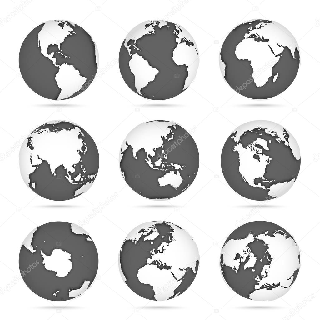 Globe set gray and white, vector icons Earth with outline continents. White continent and gray water.
