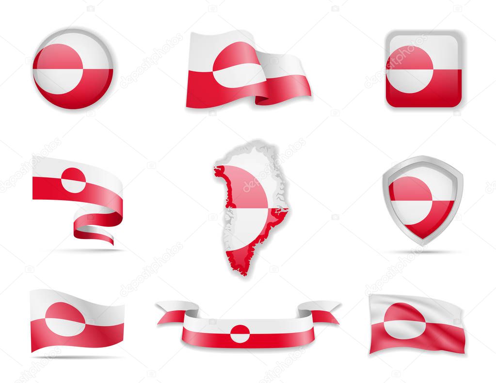 Greenland flags collection. Vector illustration set flags and outline of the country.