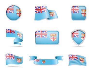 Fiji bayrakları koleksiyonu. Vektör illüstrasyon bayraklar ve ülkenin anahat ayarlamak.