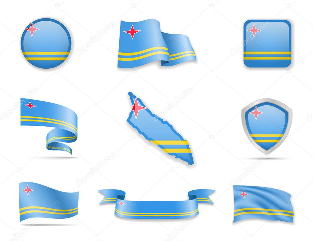 Aruba flags collection. Vector illustration set flags and outline of the country.