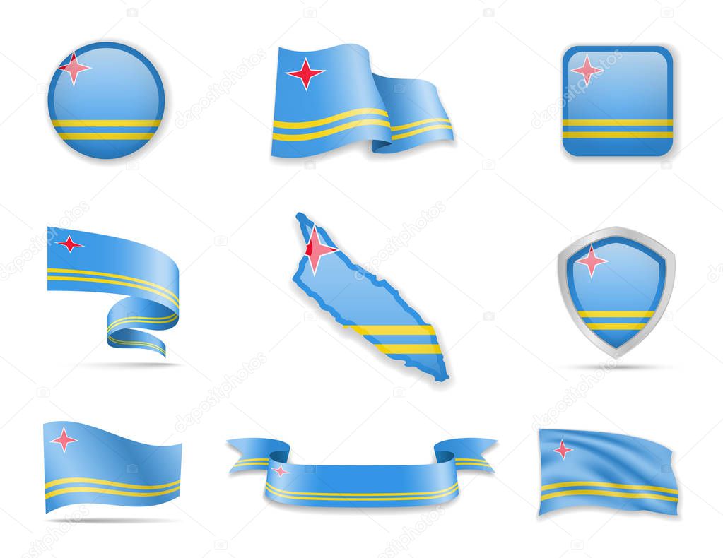 Aruba flags collection. Flags and outline of the country vector illustration set