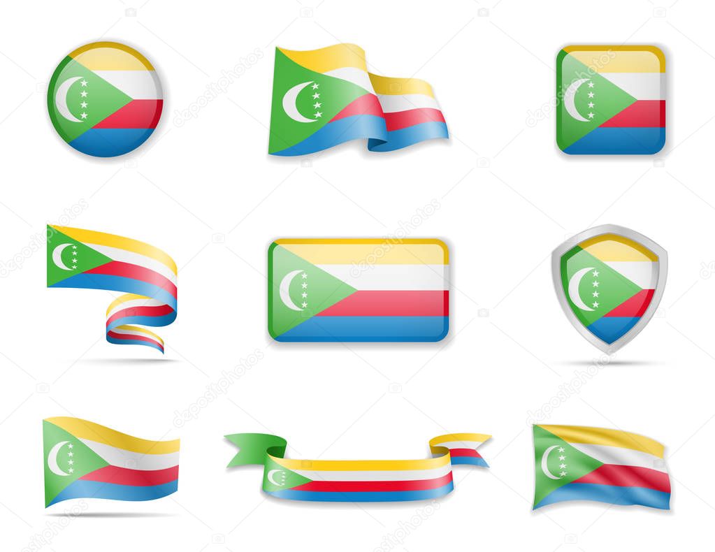 Comoros flags collection. Vector illustration set flags and outline of the country.