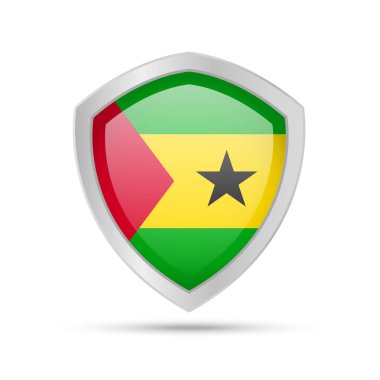 Beyaz arka planda Sao Tome ve Principe bayrağı ile Kalkan.