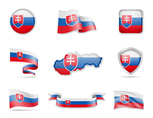 Slovakia flags collection. Vector illustration set flags and outline of the country.