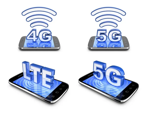 Icone 3D per telecomunicazioni mobili. Simboli della tecnologia 3G, 4G e 5G, set — Foto Stock