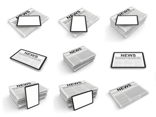 Digital news concept collection with business newspaper on tablet pc screen. 3D set — Stock Photo, Image