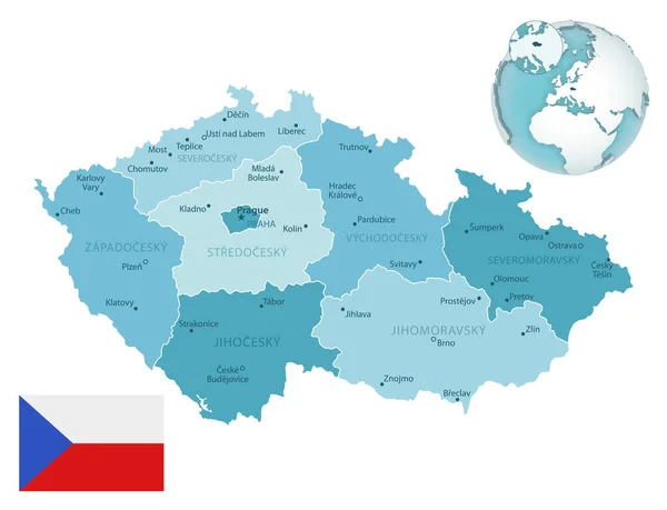 Cseh Köztársaság közigazgatási kék-zöld térkép ország zászlóval és elhelyezkedéssel a világon. — Stock Vector
