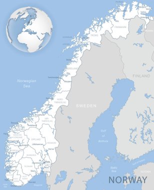 Norveç 'in mavi-gri detaylı haritası ve dünya üzerindeki idari bölümler ve konumu.