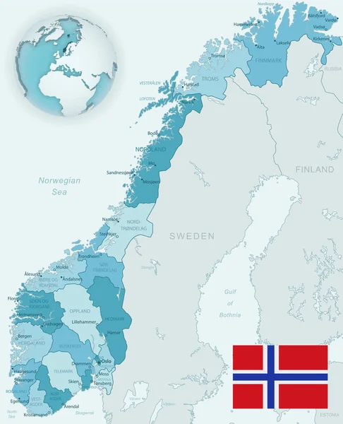 Modrozelená podrobná mapa norských správních divizí s vlajkou země a polohou na zeměkouli. — Stockový vektor