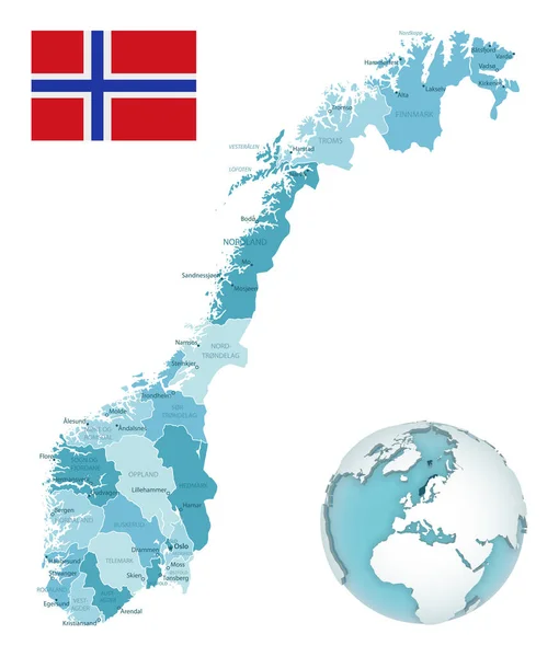 Noruega mapa administrativo azul-verde con bandera del país y ubicación en un globo terráqueo . — Vector de stock