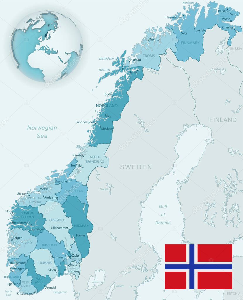 Blue-green detailed map of Norway administrative divisions with country flag and location on the globe.