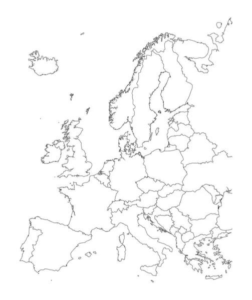Karta över Europa, svartvita detaljerade konturer av länder. — Stock vektor