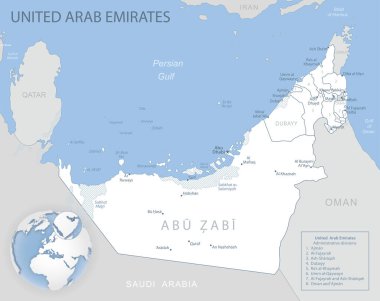 Birleşik Arap Emirlikleri 'nin dünya üzerindeki idari bölümlerinin ve konumlarının mavi-gri detaylı haritası.