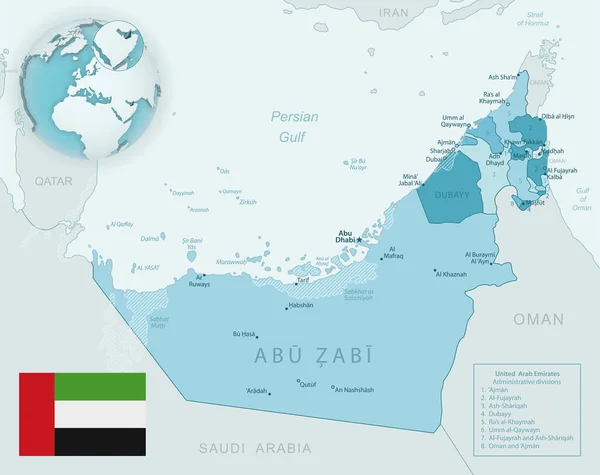 Blau-grüne Detailkarte der Verwaltungsbezirke der Vereinigten Arabischen Emirate mit Landesflagge und Lage auf dem Globus. — Stockvektor