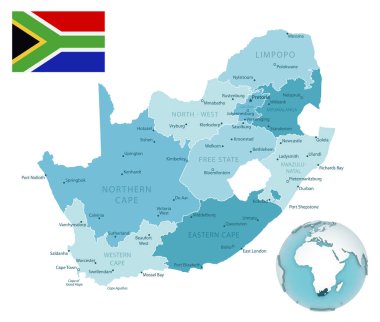 Güney Afrika idari mavi-yeşil harita üzerinde ülke bayrağı ve bir dünya üzerinde konumu. Vektör illüstrasyonu