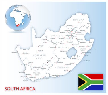 Mavi bir kürede, ülke bayrağı ve konumu olan detaylı Güney Afrika idari haritası. Vektör illüstrasyonu
