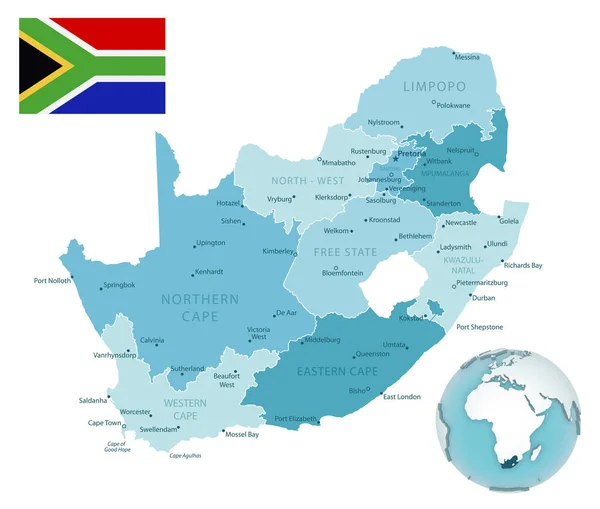 Sudáfrica Mapa Administrativo Azul Verde Con Bandera Del País Ubicación — Vector de stock