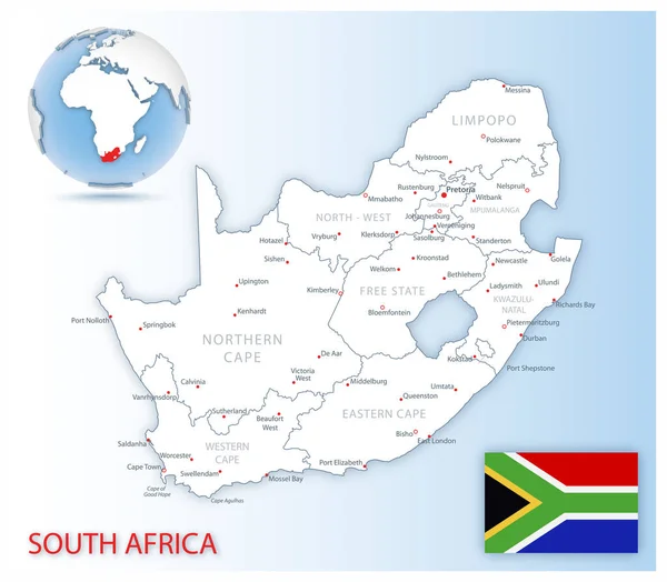 Mapa Administrativo Detallado Sudáfrica Con Bandera Del País Ubicación Globo — Vector de stock