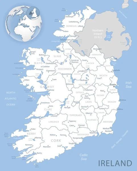 Modrošedá Podrobná Mapa Irska Administrativních Divizí Umístění Zeměkouli Vektorová Ilustrace — Stockový vektor