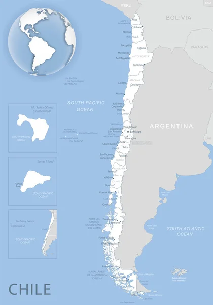 Mapa Detallado Azul Gris Chile Divisiones Administrativas Ubicación Mundo Ilustración — Vector de stock