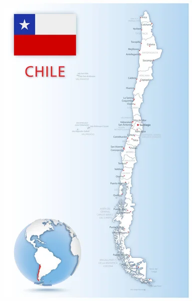 Mavi bir küre üzerinde ülke bayrağı ve konumu olan ayrıntılı Şili idari haritası. Vektör illüstrasyonu