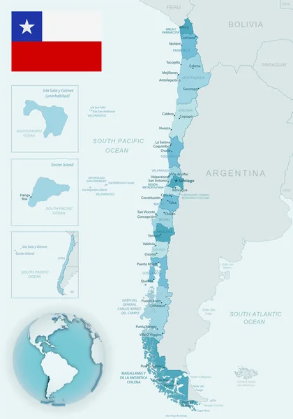 Mapa Detallado Azul Verde Las Divisiones Administrativas Chile Con Bandera — Vector de stock