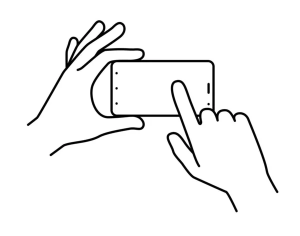 Mãos segurando um smartphone, dedo tocando a tela. Ilustração sobre um fundo branco . — Vetor de Stock