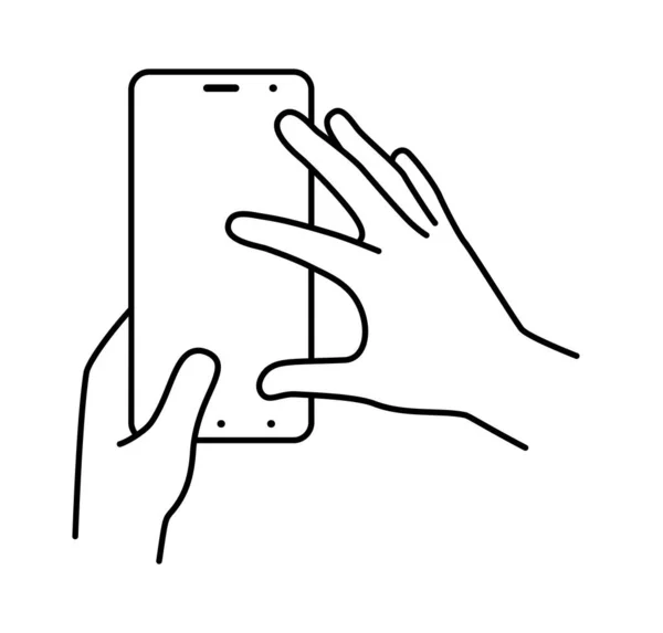 As mãos seguram o smartphone verticalmente, o dedo tocando a tela. Ilustração sobre fundo branco. Ícones de linha vetorial — Vetor de Stock
