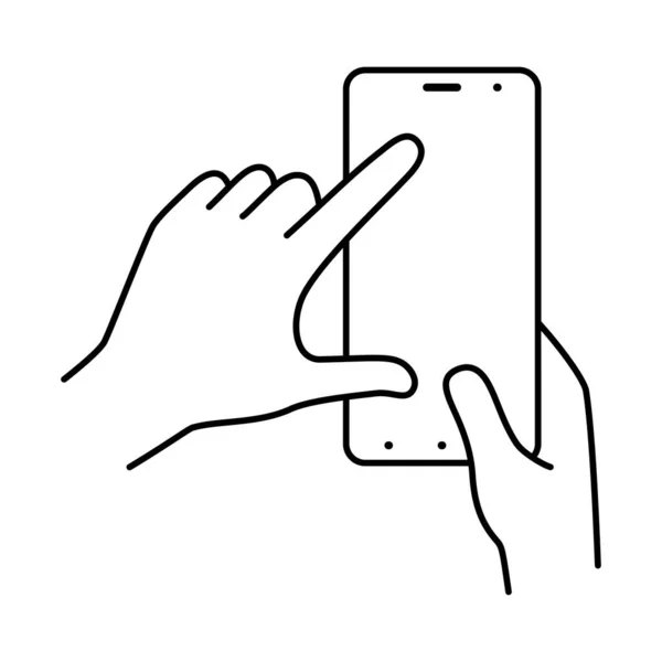 As mãos seguram o smartphone verticalmente, o dedo tocando a tela. Ilustração sobre fundo branco. Ícones de linha vetorial — Vetor de Stock