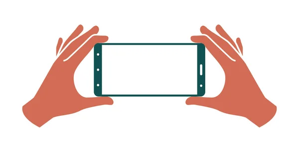 Ruce držící smartphone na bílém pozadí, barevné vektorové ilustrace. — Stockový vektor