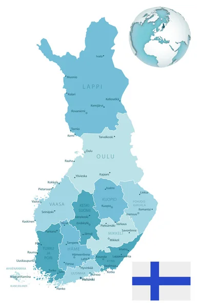 Finlandia mapa administrativo azul-verde con bandera del país y ubicación en un globo terráqueo . — Vector de stock