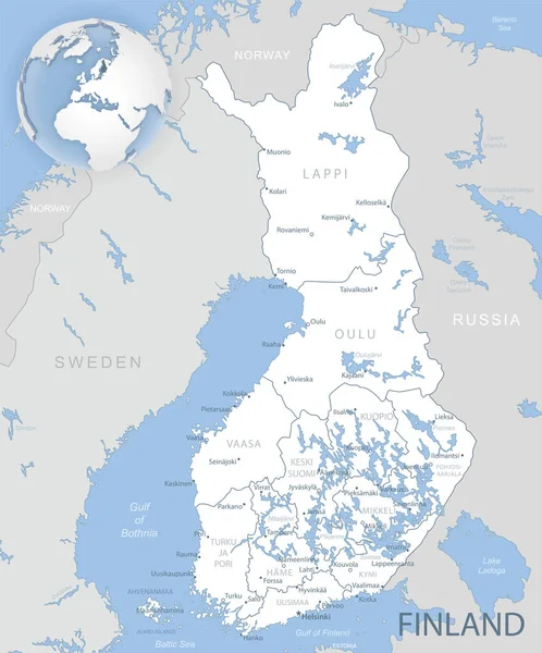 Μπλε-γκρι λεπτομερής χάρτης των διοικητικών διαιρέσεων και της θέσης της Φινλανδίας στον κόσμο. — Διανυσματικό Αρχείο
