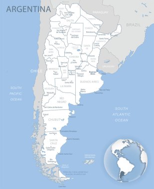 Arjantin idari birimlerinin mavi-gri detaylı haritası ve dünya üzerindeki konumu.