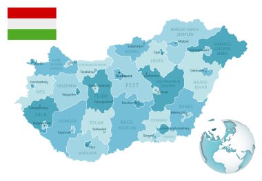Macaristan idari mavi-yeşil haritası ülke bayrağı ve bir dünya üzerinde konumu.
